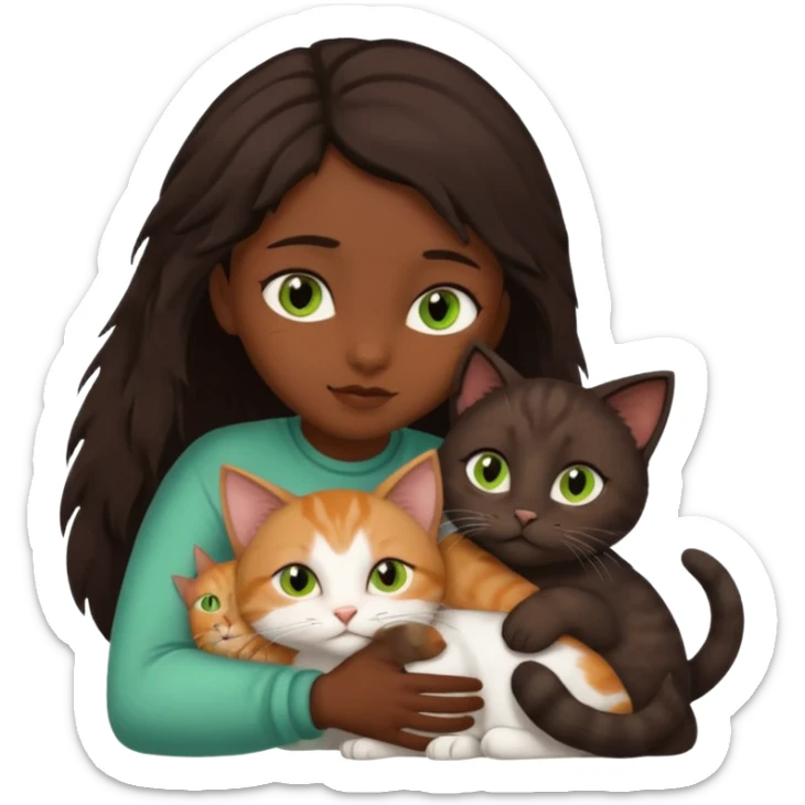 Crea un emoji donde salga un chico moreno con los ojos claros, una chica morena con los ojos marrones y SOLO UN gato europeo comun de pelaje oscuro y ojos verde claro, quiero que se esten abrazando y el gato este en el medio de los dos sticker