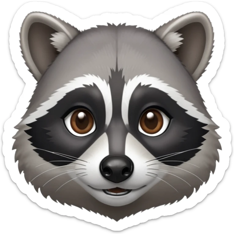 Cinematic-Noble-Raccoon-Portrait-Emoji – Poised and confident, with a sturdy build and a beautifully textured fur of silver-grey accented by dark black facial markings, deep-set, intelligent brown eyes, simplified yet sharp and sophisticated zoom out to show shoulders sticker