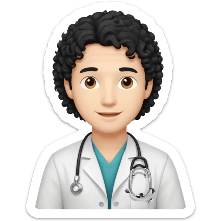 a young male doctor with black long curly hair and cheerful face without gpasses sticker