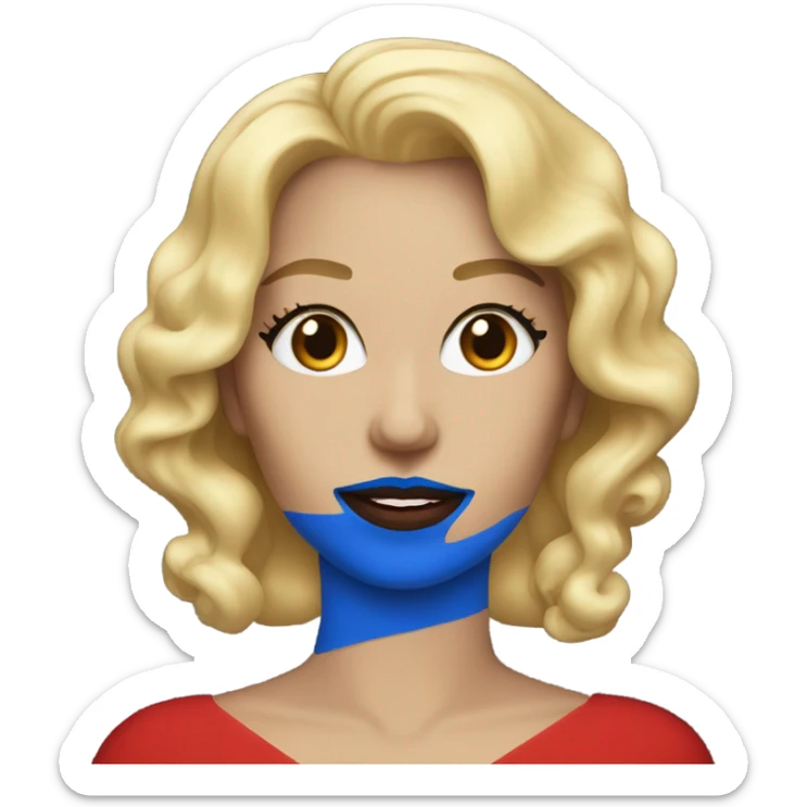 Blonde woman with blue lipstick and red dress sticker