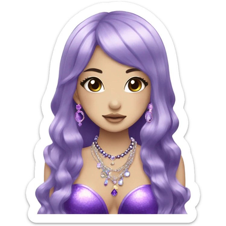 mermaid hime gyaru girl, dark purple hair, jewerly sticker