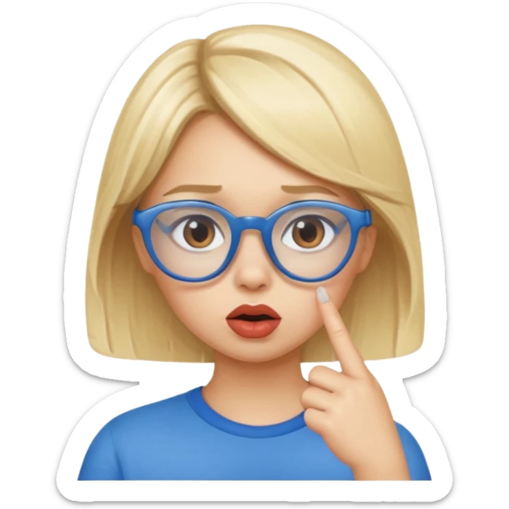 Blonde girl with brown eyes, blue glasses saying shhhh with her finger to her pouty lips sticker