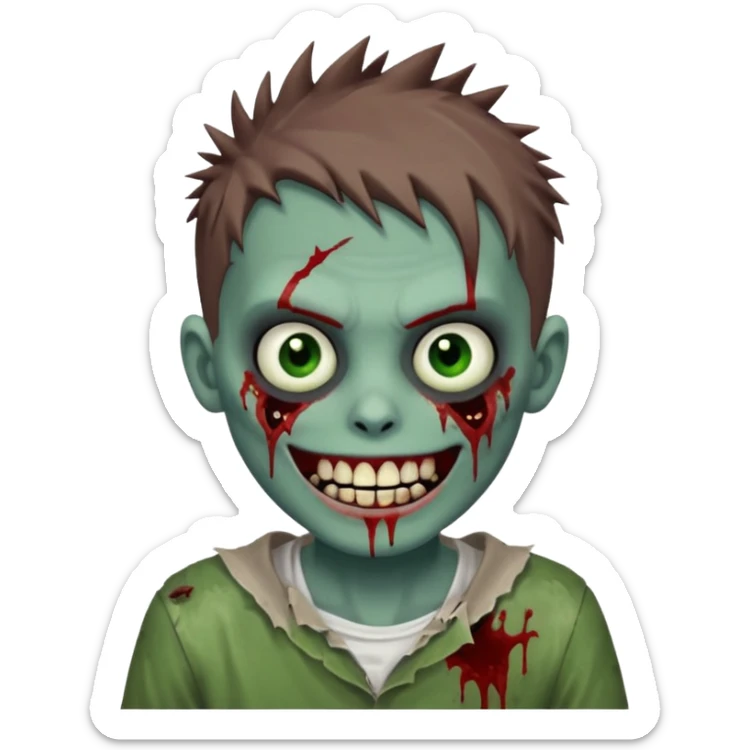 zombie boy with brown short spiky hair, white skin, and white eyes; an open smile, and bloodied teeth; sticker