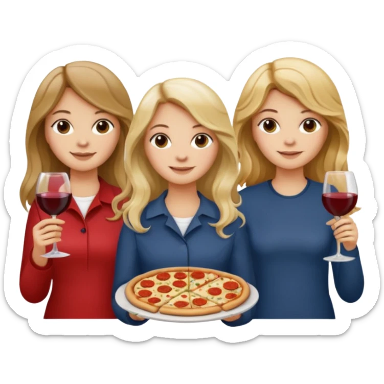 3 girls : one with wavy blond middle length hair, one with long straight long hair, one with dark blond middle length hair, each holding either a pizza, a pasta or a glass of wine sticker