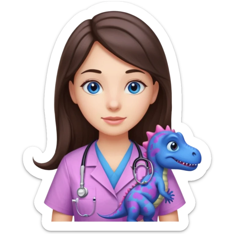 pretty brunette nurse with long hair and blue eyes in pink and purple dinosaur pattern scrubs sticker