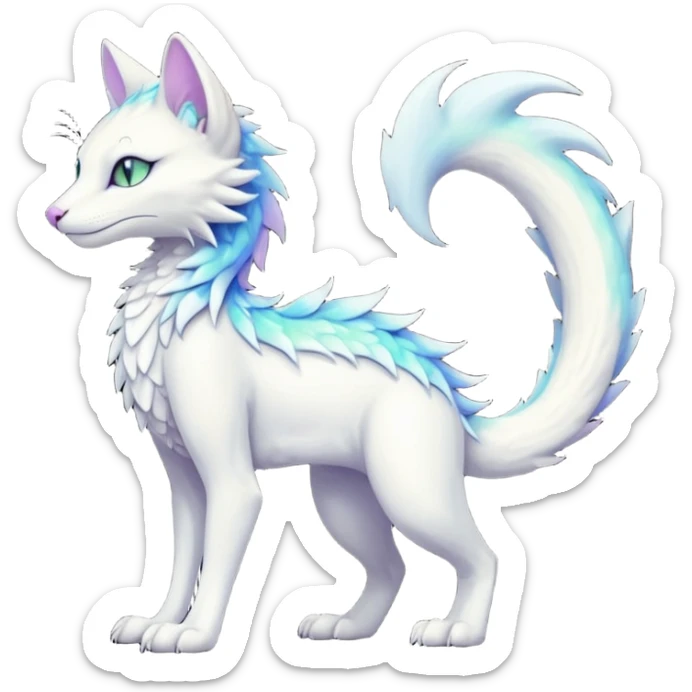Kawaii white iridescent edgy fantasy feline-vernid-sergal-fursona animal creature with a tufted tail full body with intricate markings  sticker
