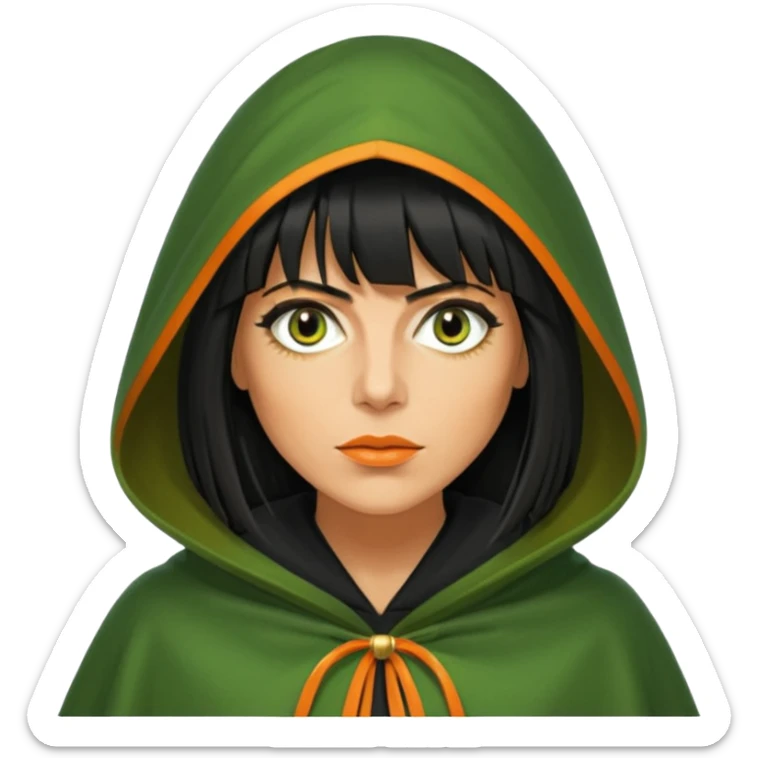 claudia winkleman with a heavy fringe and an orange tan as a traitor with a green hooded cloak with a gold clasp and dark black eyeliner sticker