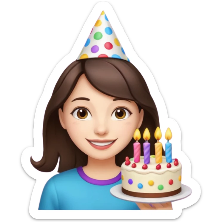 brunette girl celebrating her birthday, festive, colorful, smiling, party hat, cake sticker