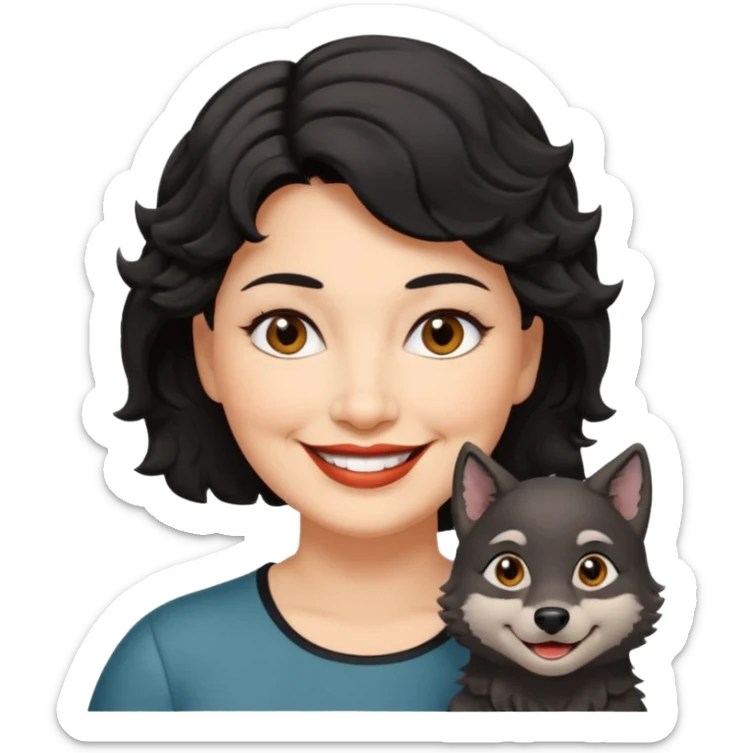 woman 60, brown eyes, very short black wavy wolf cut hair, chubby smile sticker