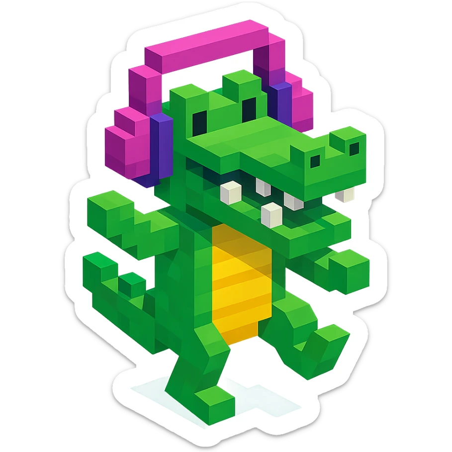 crocodile with headphones dancing, isometric view, voxel style sticker