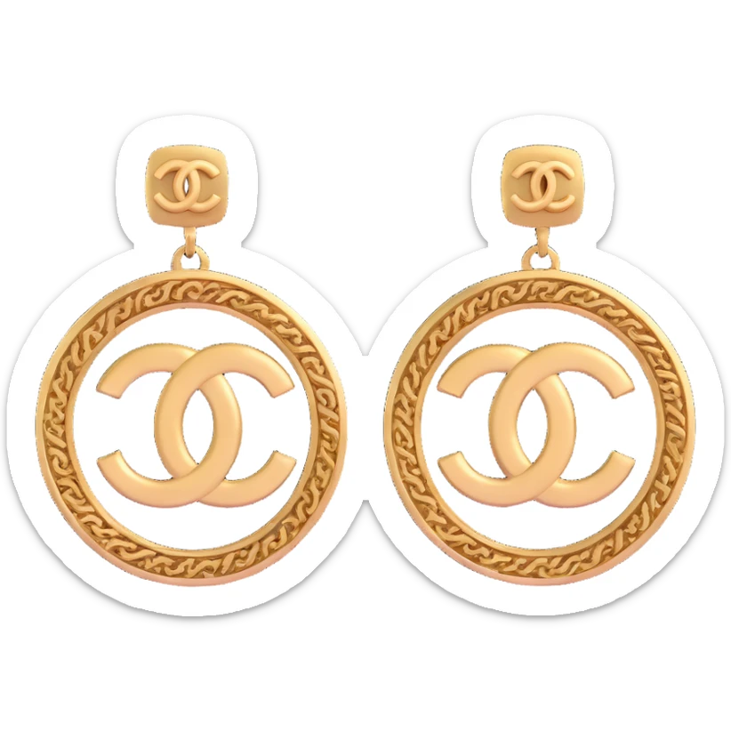 3D emoji-style vintage-inspired Chanel logo earrings, ornate and elegant sticker