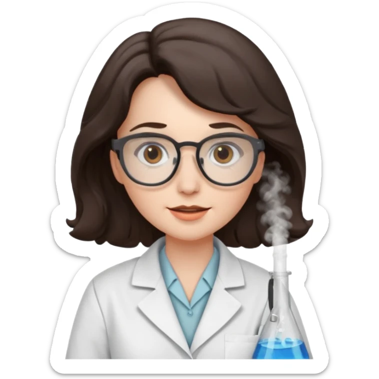 A crazy female scientist, with wavy dark brown hair, brown eyes and grey glasses and pale skin  sticker