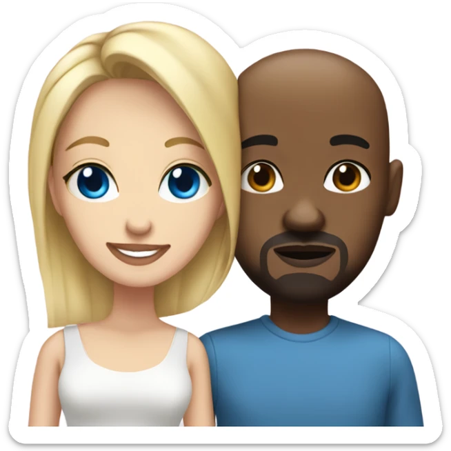 Blonde woman with blue eyes and black man who is bald with a goatee in love with each other  sticker