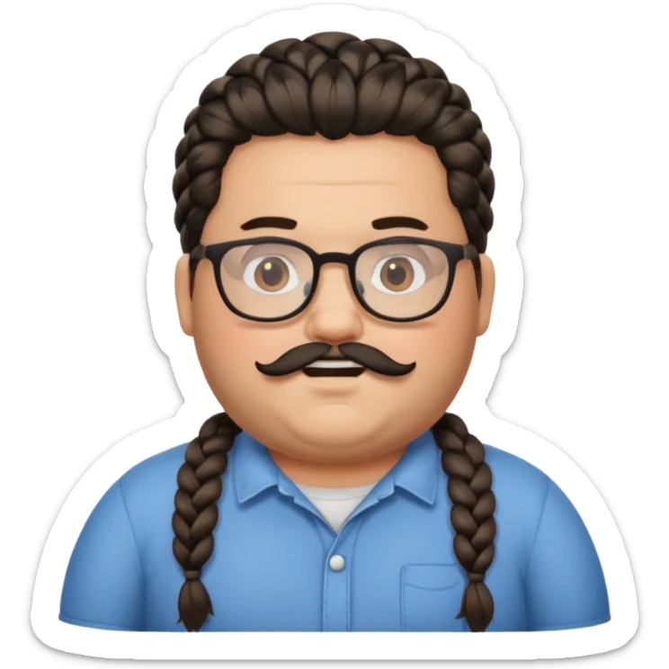 I want an emoji of a chubby person with glasses and a beard, with braided hair and a black beard sticker