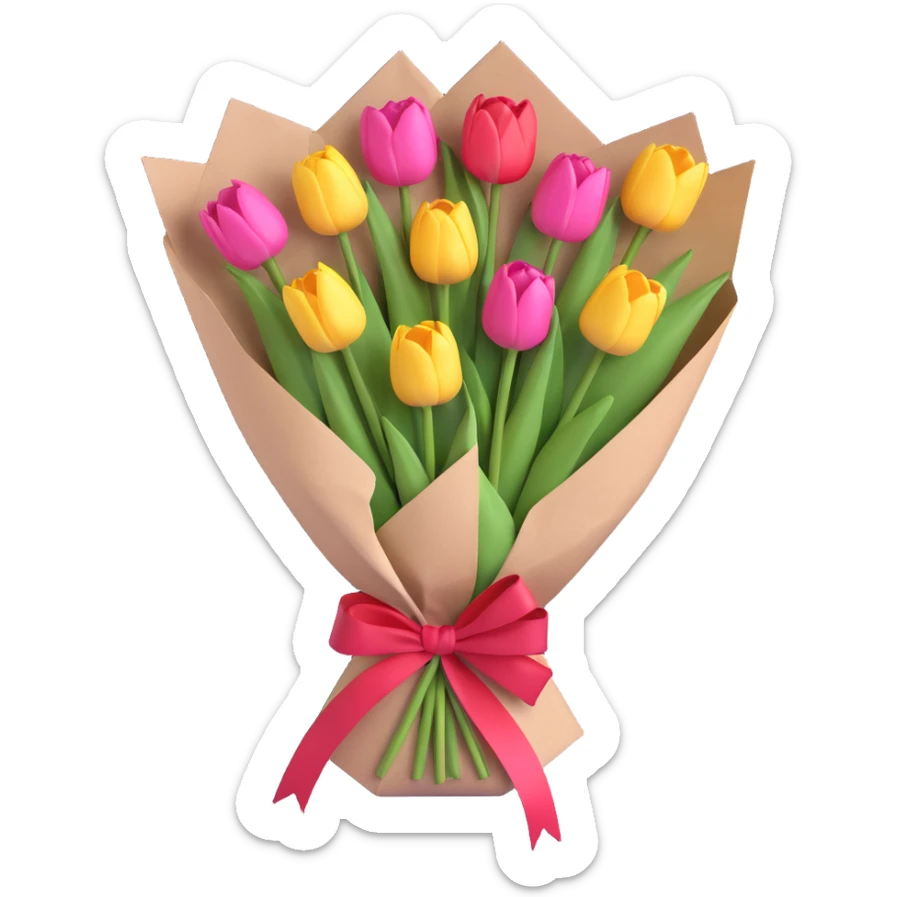 A bouquet of pink tulips wrapped in paper with a pink ribbon, including a small envelope with a heart on it. sticker