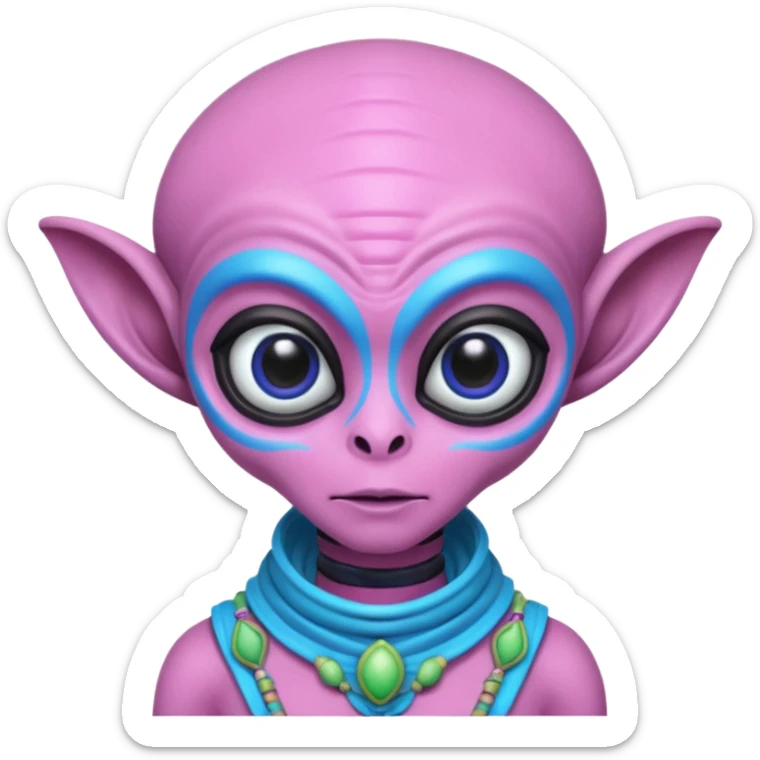 alien living in desert, dressed like a desert alien, pink/blue colorful, accessories, just face  sticker