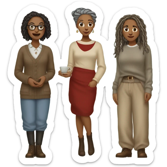 2 women, woman with gray locs, wearing pants , other woman is brown with red locs, in a knee-length dress with a cozy sweater, looking at antique items, such as a vintage lamp or an old teacup, with a table full of trinkets in the background sticker