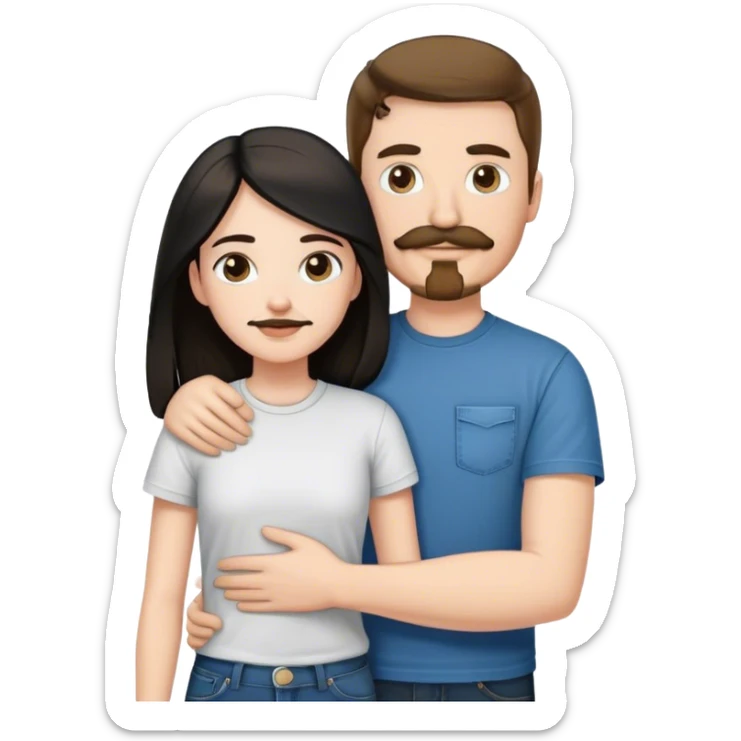 tall white guy with brown hair goatee mustache wearing t-shirt and jeans hugging a shorter white girl with long black hair sticker