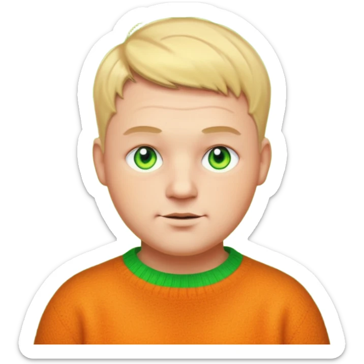 plump 30s man, short cropped hair, unique dark yellowish-orange wool jumper, glowing bright green neon eyes, emoji style sticker