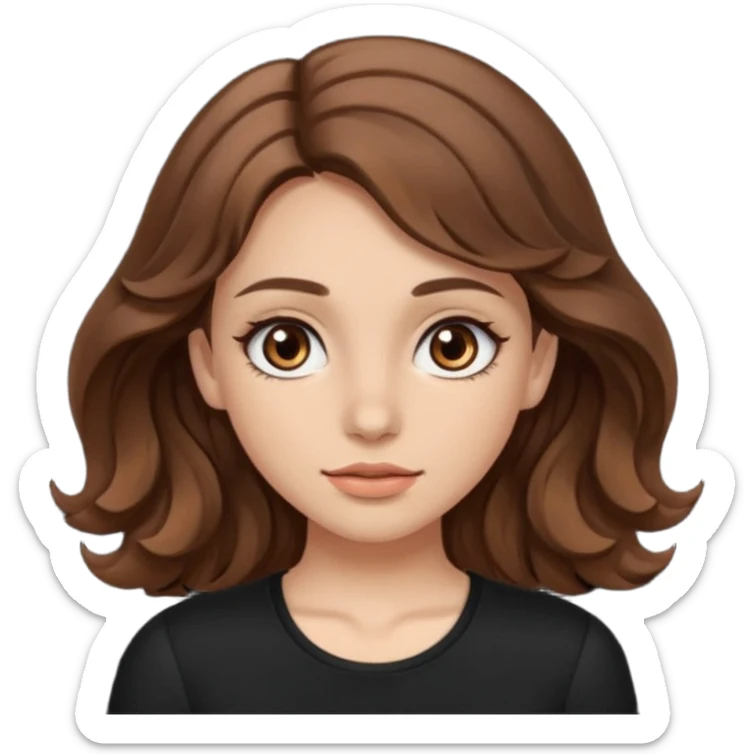 A girl with wavy brown hair and brown eyes with quite long eyelashes wearing a black top  sticker