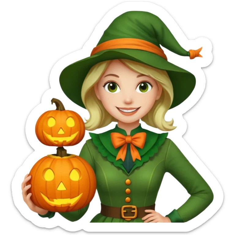 Woman Hunter With Jack o Lantern, wearing green costume, with bow sticker
