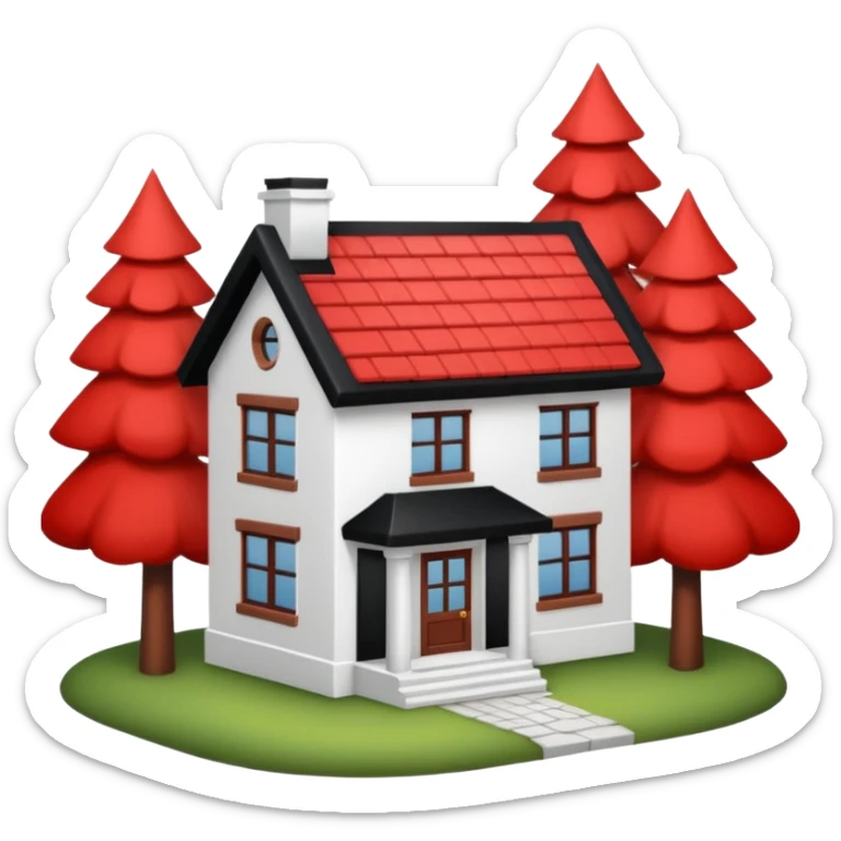 Dom z czarnym dachem i biała elewacja ze wstawkami z czerwonej cegły.Na drugim planie las. sticker