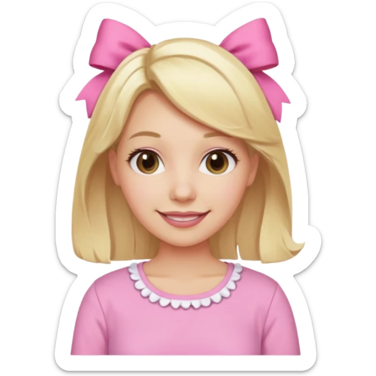 A mom with blonde hair and pink shirt coquett aesthetic style like bows and pink sticker