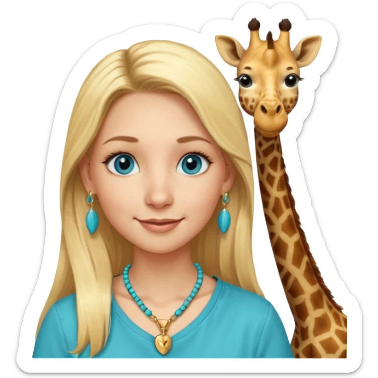 Swedish girl blonde long straigt hair blue eyes turqoise shirt gold earings, girrafe necklace gold small, very long lashes smiling closed mouth,  sticker