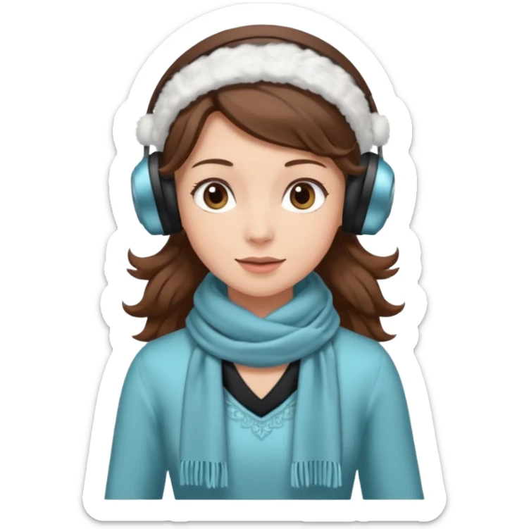 Victorian ice skater in a long dress. She is wearimg a scarf and earmuffs. She has boriwn hair. sticker