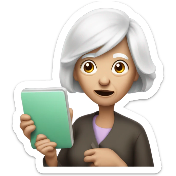 An old Woman 50 years with white hair and Bob cut with a broken tablet in the Hand an shocked  sticker