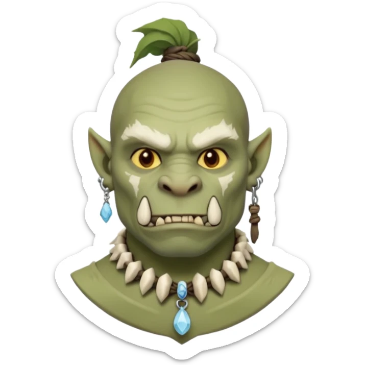 Fantasy orc portrait emoji, small bone charm with frost tied near neck or ear, tribal winter aesthetic, minimal readable design, flat emoji style, male/female variant
 sticker