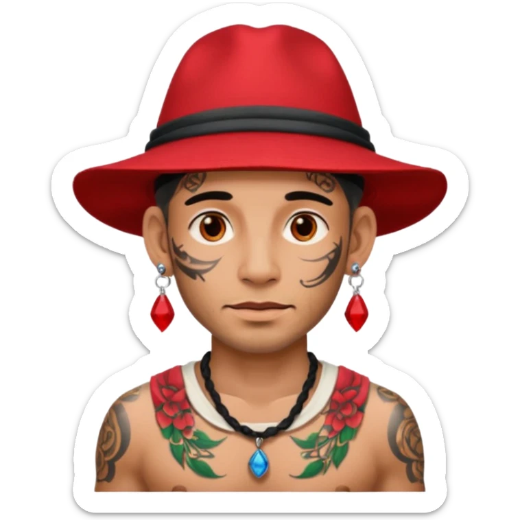 unique looking tourist with big unique red tourist hat and earrings, man with lots of tattoes sticker