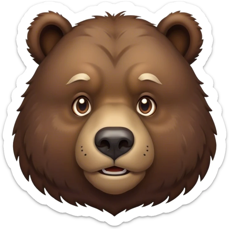 Cinematic Noble Grizzly Bear Portrait Emoji, Poised and regal, with a massive, powerful build and a thick, rugged deep brown fur, piercing deep-set soulful eyes, Simplified yet sharp and sophisticated features, highly detailed, glowing with a soft, dignified glow, high shine, intelligent and formidable, stylized with an air of untamed wilderness, focused and attentive, soft glowing outline, capturing the essence of a watchful and commanding guardian, so majestic it feels as though it could lumber out of the screen with effortless authority! sticker