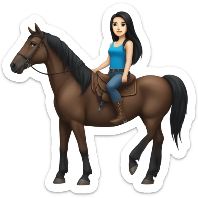 very pretty brunette with blue eyes and long black straight wearing shorts and a thigh tattoo hair riding big brown horse  sticker