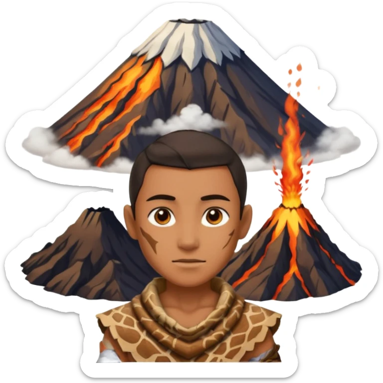 a avatar wearing ancient animal skin cloth with volcano behind, half body, icon sticker