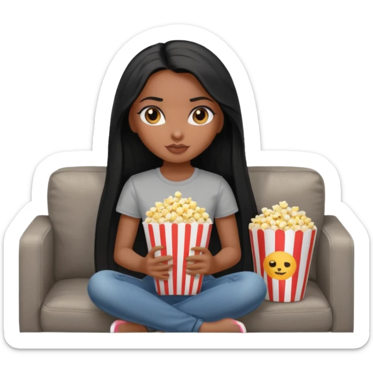 a pretty bratz dusky girl with long straight hair on a couch with popcorn nd wearing a grey tshirt sticker