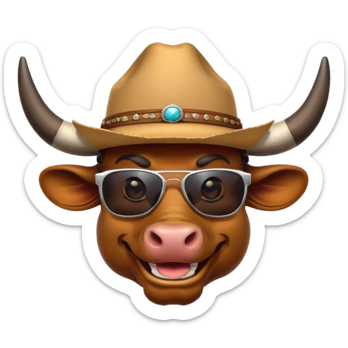 smiling bull head with prominent horns, dark sunglasses, and cowboy hat sticker