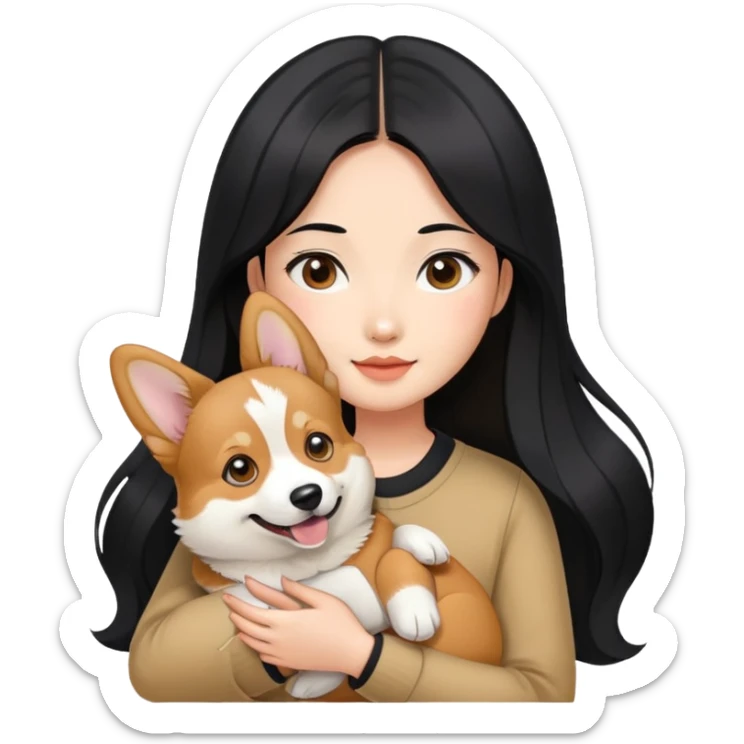 Asian girl with long black hair holding her corgi sable color sticker