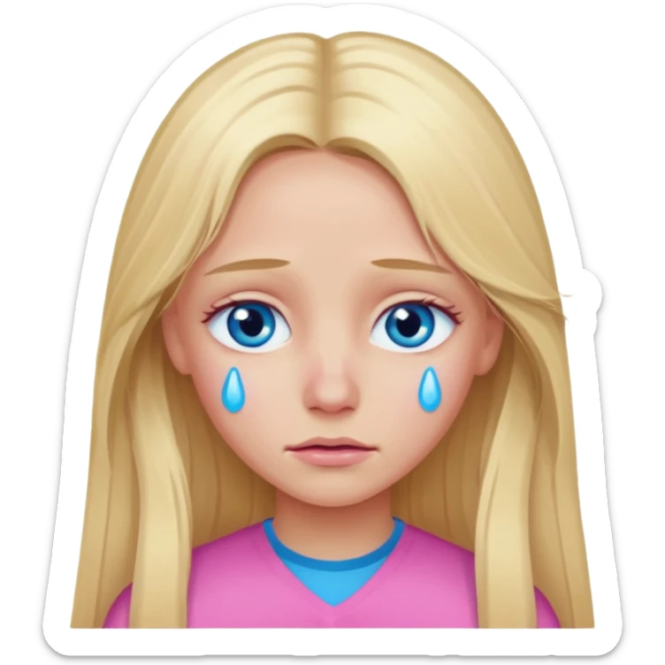 Blond long hair girl with blue eyes in pink with tears in eyes sticker