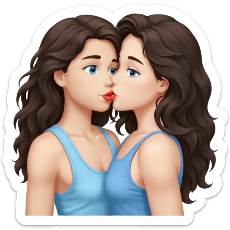 A girl with long, dark brown, wavy hair, grey-blue eyes, and a light blue tank top gives a kiss  sticker