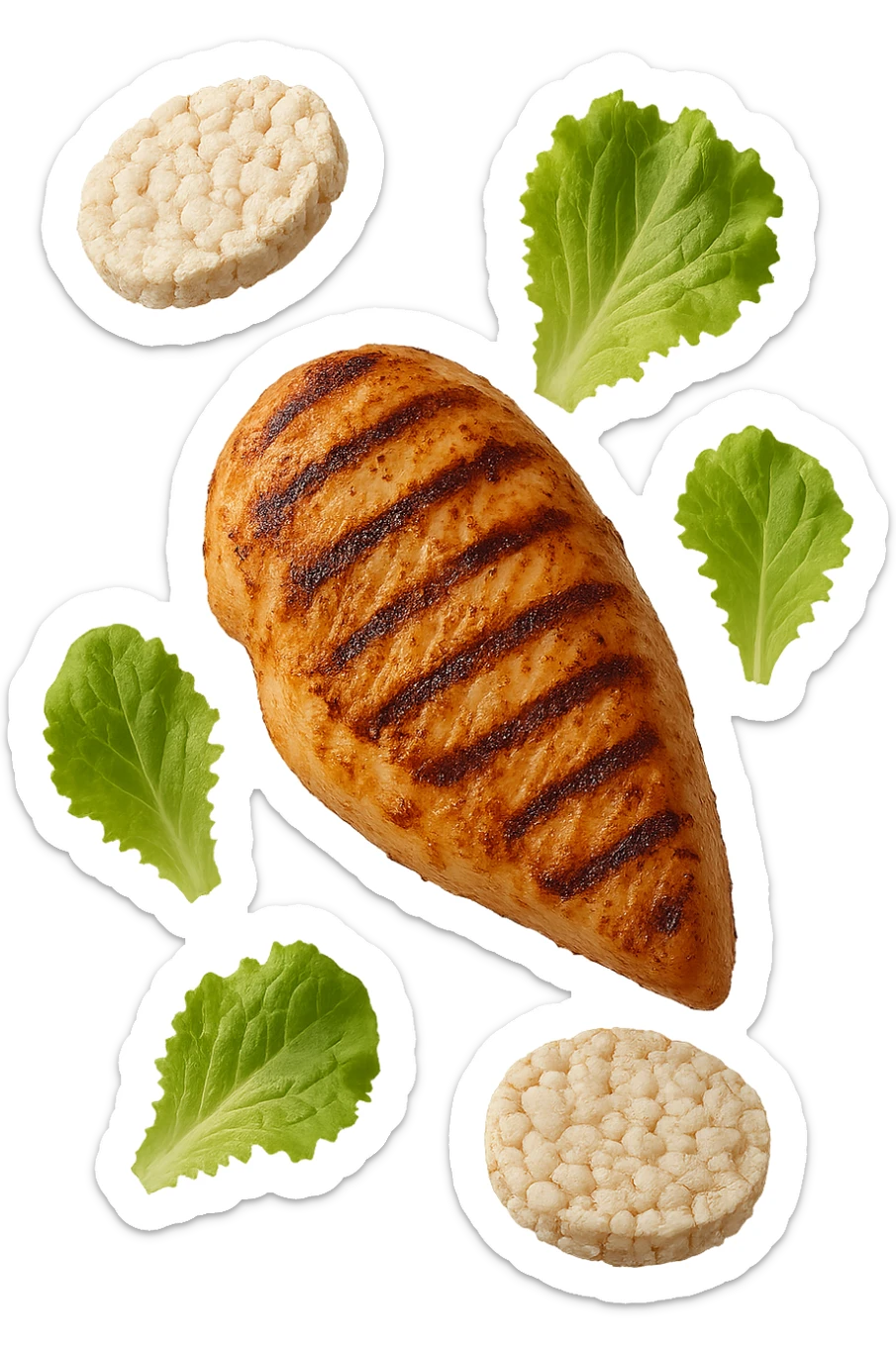 petto di pollo grigliato fluttua in aria insieme a gallette di riso e foglie di insalata, iperrealistico 4k sticker