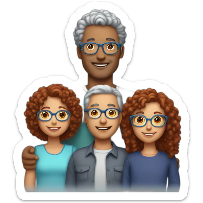 family of four father with gray hair mother with red curly hair and blue glasses son with brown hair and little daughter with curly brown hair sticker