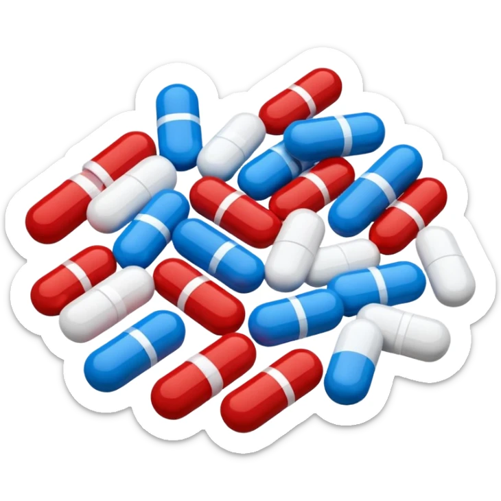 A close-up of mixed pills and capsules, red, white, and blue colors, clean background, light reflections on surface, realistic Memoji-style. sticker
