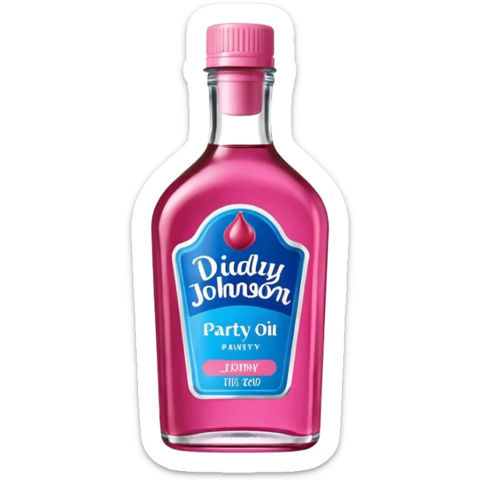 bottle of oil blue top pink outside with logo that says Diddy Party oil Johnson and Johnson  brand with a smiling berry on top sticker