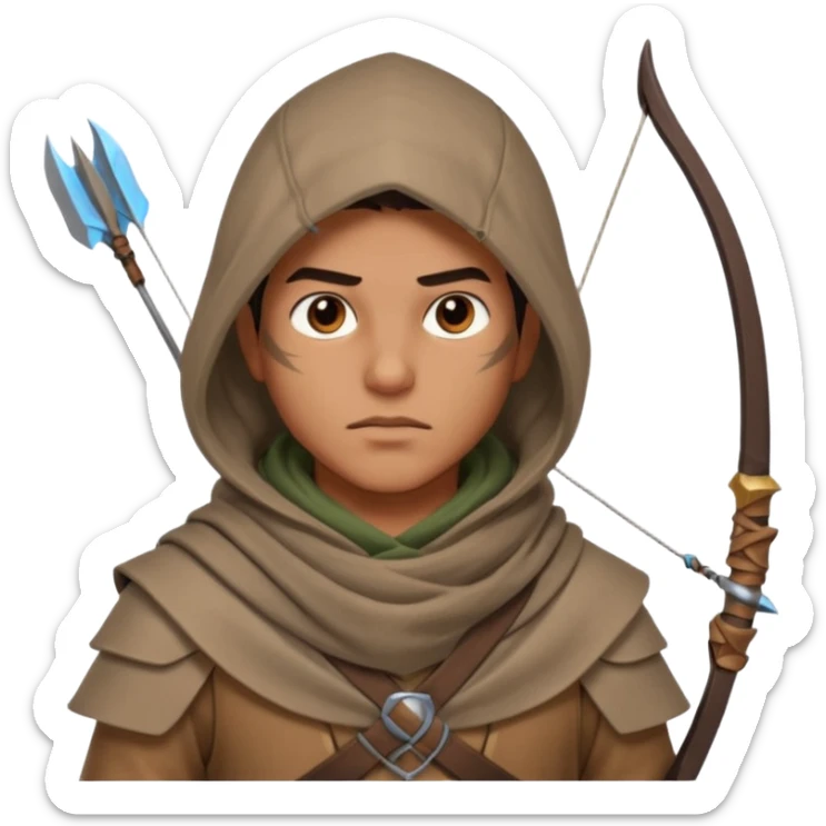 desert archer warrior portrait, head and shoulders only, hooded scarf collar, quiver strap visible, sharp focused eyes, 3D cartoon, mobile game icon style, clean background, no text, no watermark
 sticker