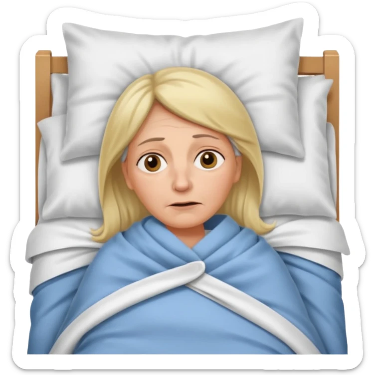 A 55-year-old woman lying in bed, unable to sleep. She looks exhausted and desperate, with visible dark circles under her eyes, tired facial expression. She is under the blankets, staring at the ceiling.  sticker