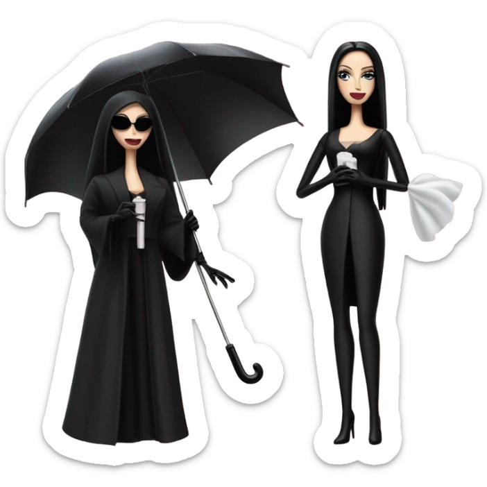 Funeral Barbie,teen Morticia Addams ,drying tears with handkerchief, show full body,accessories  gloves, funeral veil, holding umbrella  sticker