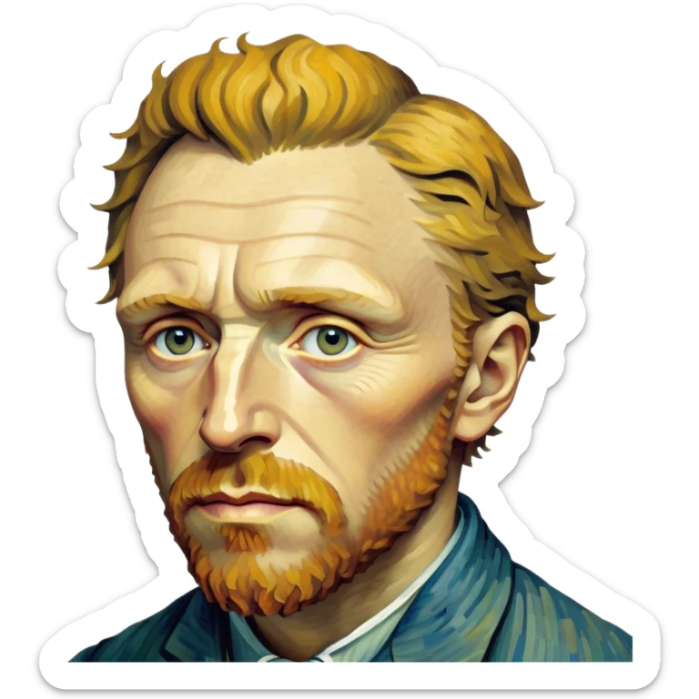 Cinematic Realistic Vincent van Gogh Portrait Emoji, depicted as the iconic artist with expressive brushstrokes and soulful eyes, rendered with rich textured detail and dynamic emotive lighting that captures his creative genius. sticker