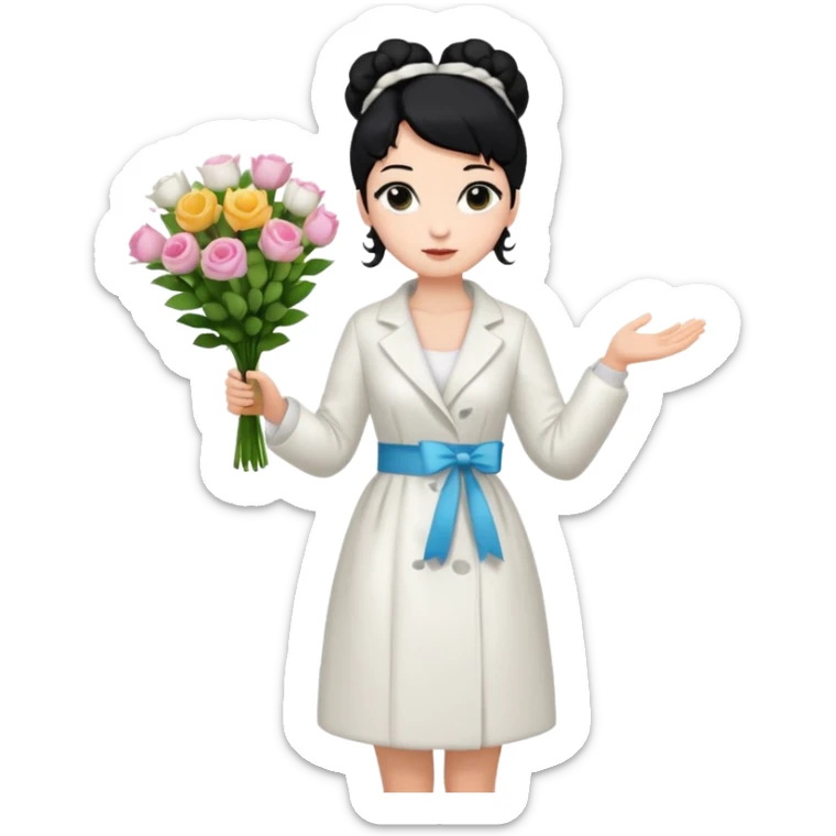 Chica blanca,cuerpo entero, vestido fiesta blanco ,manga larga ,con abrigo blanco ,pelo negro,    ramo de flores una mano, pelo recogido en moño alto sticker