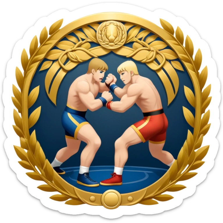 An icon symbolizing wrestling combat sports in the style of an emblem. The design features two wrestlers locked in a powerful grapple, one attempting to take the other down. Surrounding the scene are stylized elements like a championship belt, wrestling mat, and a laurel wreath. Transparent background sticker